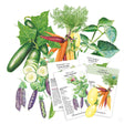 Fanned array of four illustrated seed packets—Tomato Bush Cream Sausage, Cucumber Poinsett 76, Pea Snap Sugar Magnolia, and Carrot Carnival Blend—layered over botanical drawings of cucumbers, purple-pod peas, multicoloured carrots, and pepper leaves, with each packet's text noting variety details and days to maturity.