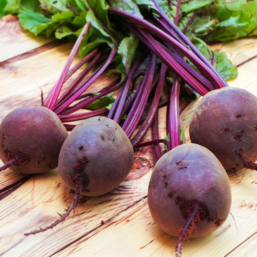 Four freshly pulled Detroit Dark Red beets with round, deep-purple roots, trailing rootlets, and magenta-veined green tops, arranged on a wooden surface.