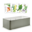 Rectangular corrugated metal raised garden bed in a muted green finish, shown with four illustrated Botanical Interests seed packets above it labelled Carrot Carnival Blend, Tomato Bush Cream Sausage, Cucumber Poinsett 76, and Pea Snap Sugar Magnolia.