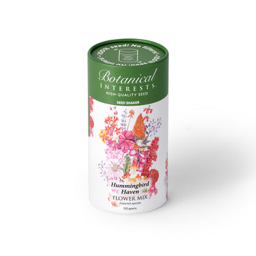 Botanical Interests Hummingbird Haven Flower Mix 100-gram seed shaker tube on a plain white background, featuring a green lid and floral illustration of assorted colorful flowers.
