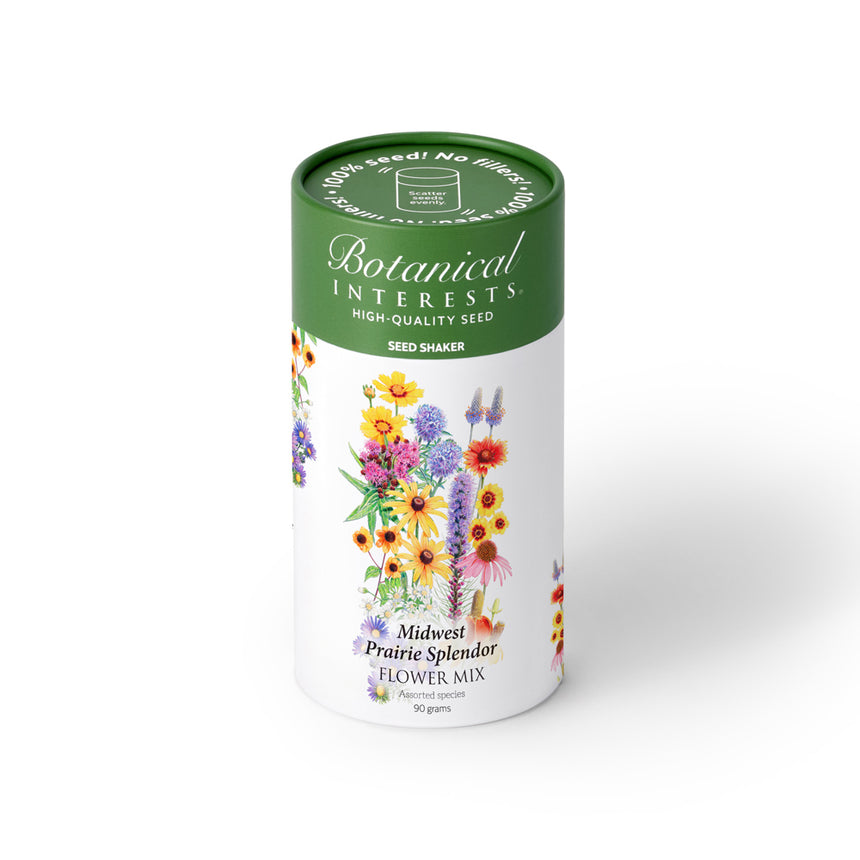 Seed canister of the Midwest Prairie Splendor Flower Mix Seed Shaker with floral design and green lid on a white background