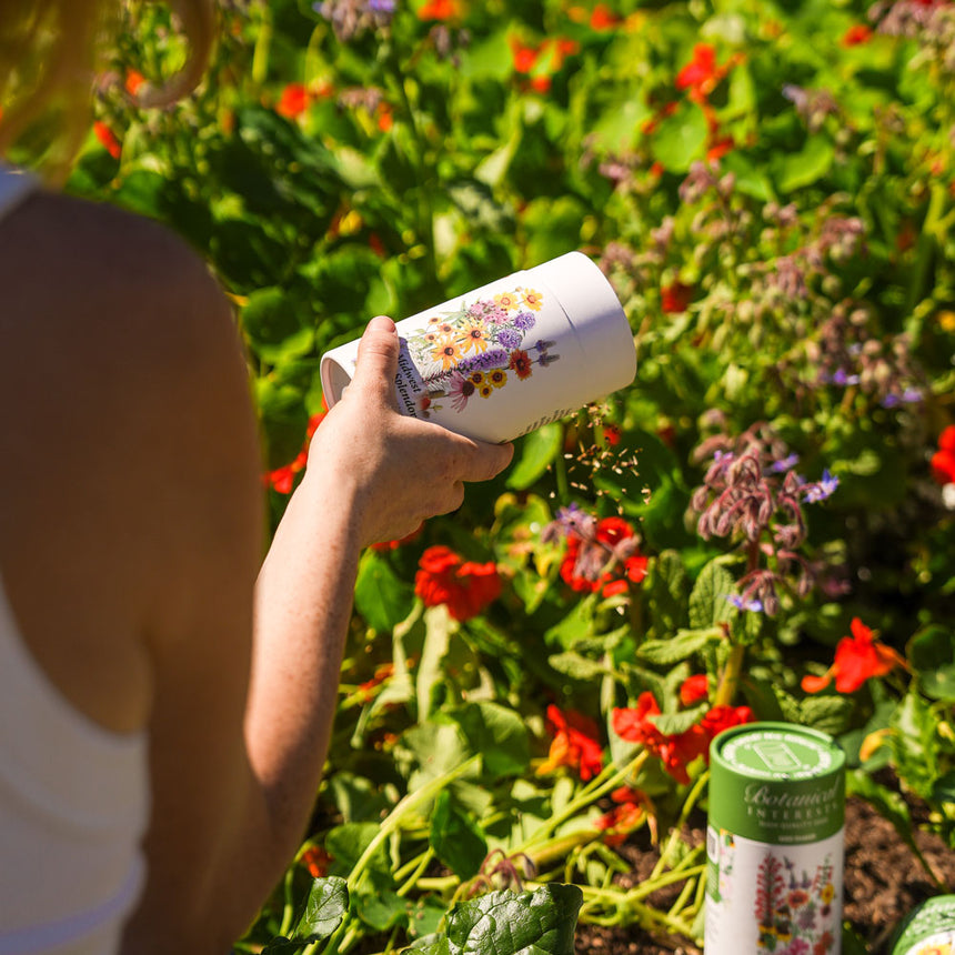 Person holding Midwest Prairie Splendor Flower Mix Seed Shaker canister in a garden setting