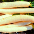 Close-up of freshly harvested Miyashige White daikon radishes, several long smooth pale roots stacked together with a few green leaf fragments visible between them.