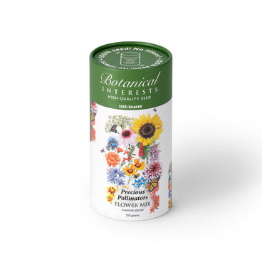 Botanical Interests Precious Pollinators Flower Mix 100-gram seed shaker tube on a plain white background, featuring a green lid and floral illustration with sunflowers, cosmos, and butterflies.