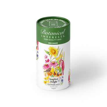 Botanical Interests Songbird Delight Flower Mix Seed Shaker canister with floral design on a white background