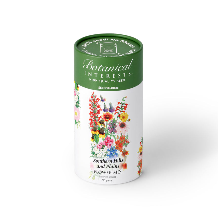 Southern Hills and Plains Flower Mix Seed Shaker canister with floral design on a white background