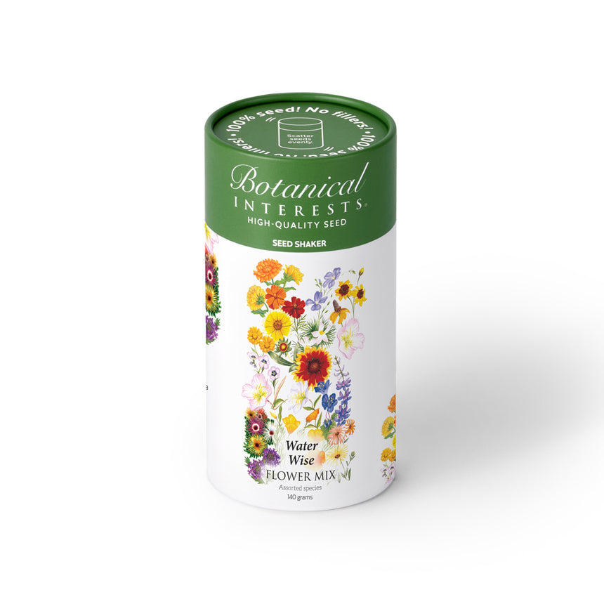 Botanical Interests Water Wise Flower Mix Seed Shaker canister with floral design on a white background